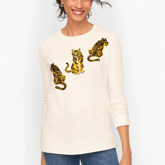 Talbots Ivory long sleeve sweatshirt 100% cotton tiger embroidery Sz: XL NWT - Picture 1 of 10